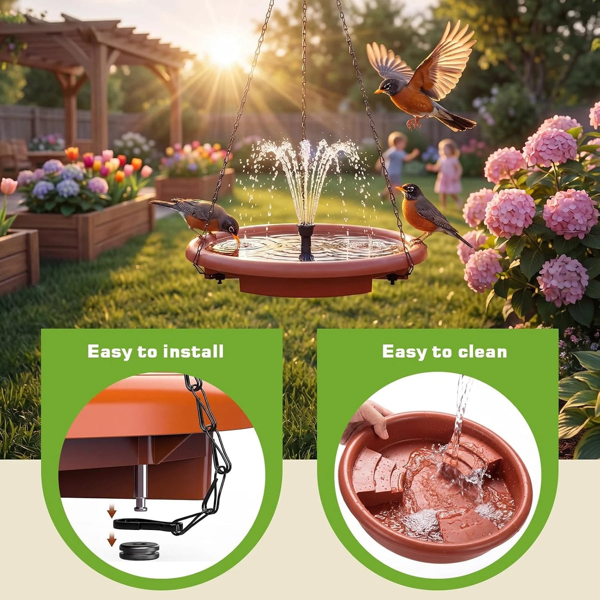 Hanging Solar Bird Bath With Fountain For Garden Decor