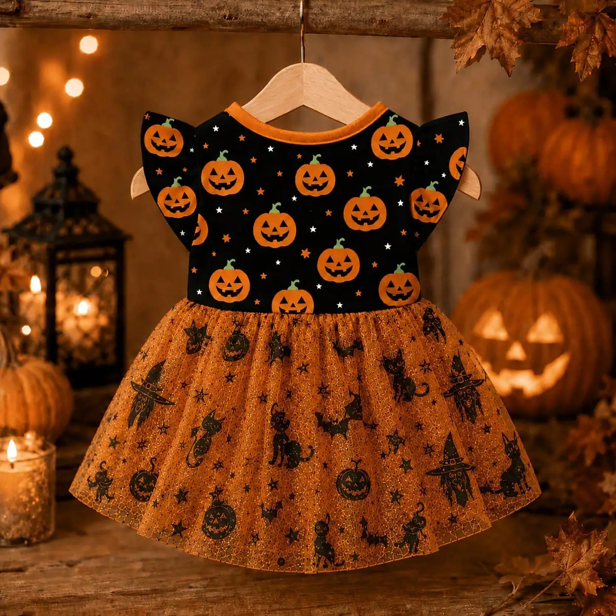 Halloween Pumpkin Print Dog Dress With Bow For Everyday Wear