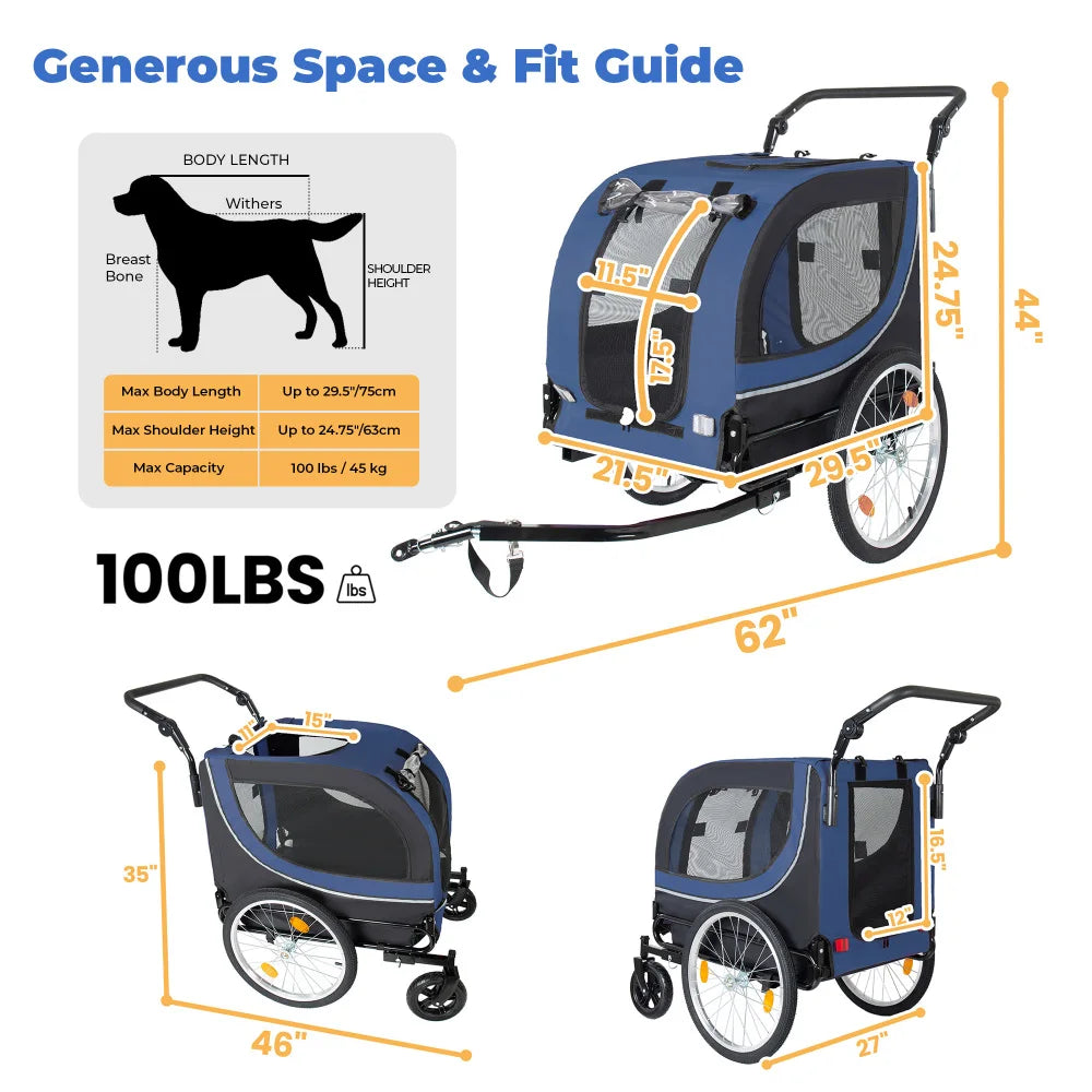 2 In 1 Pet Bike Trailer Stroller With Foldable Design