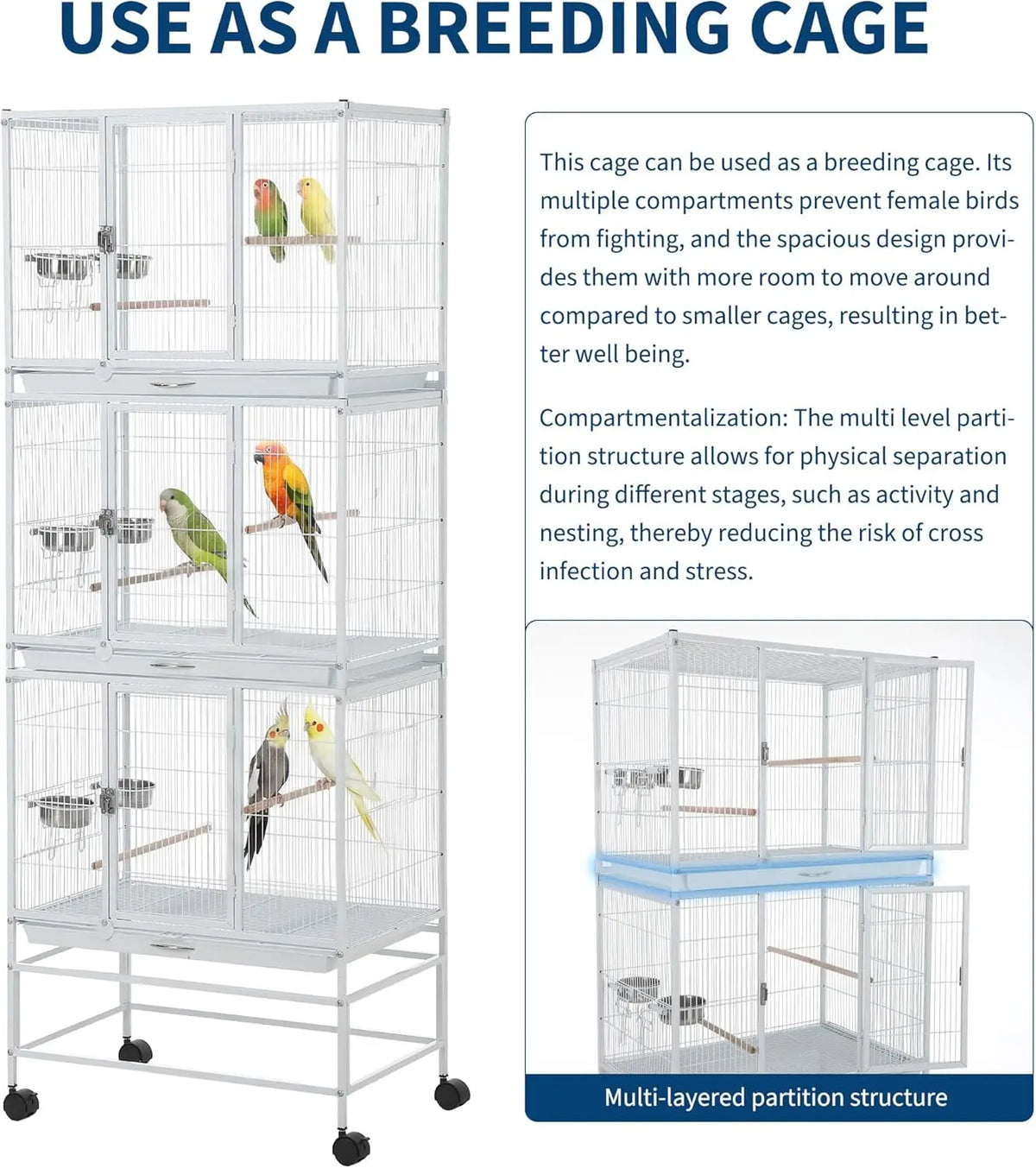 HiMiss Heavy Duty Divider Bird Cage with Steel Trays