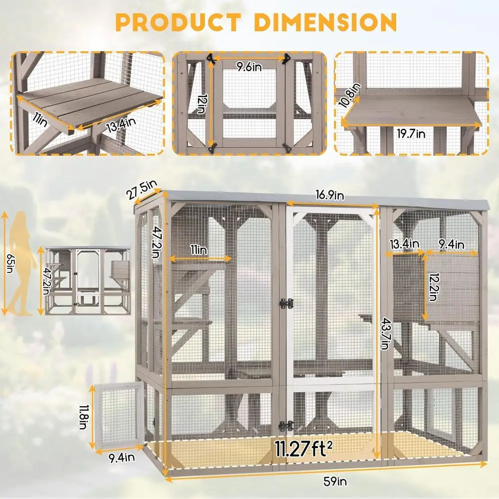 Wooden Outdoor Cat Enclosure With Multiple Platforms And Resting Boxes