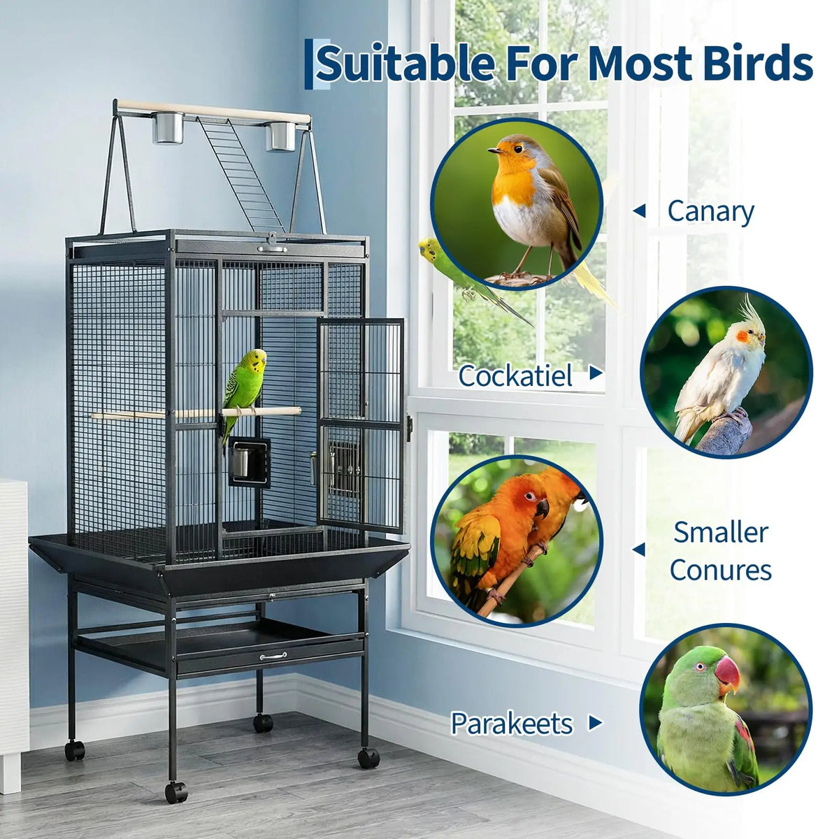 HiMISS Large Bird Cage With Rolling Stand And Play Top