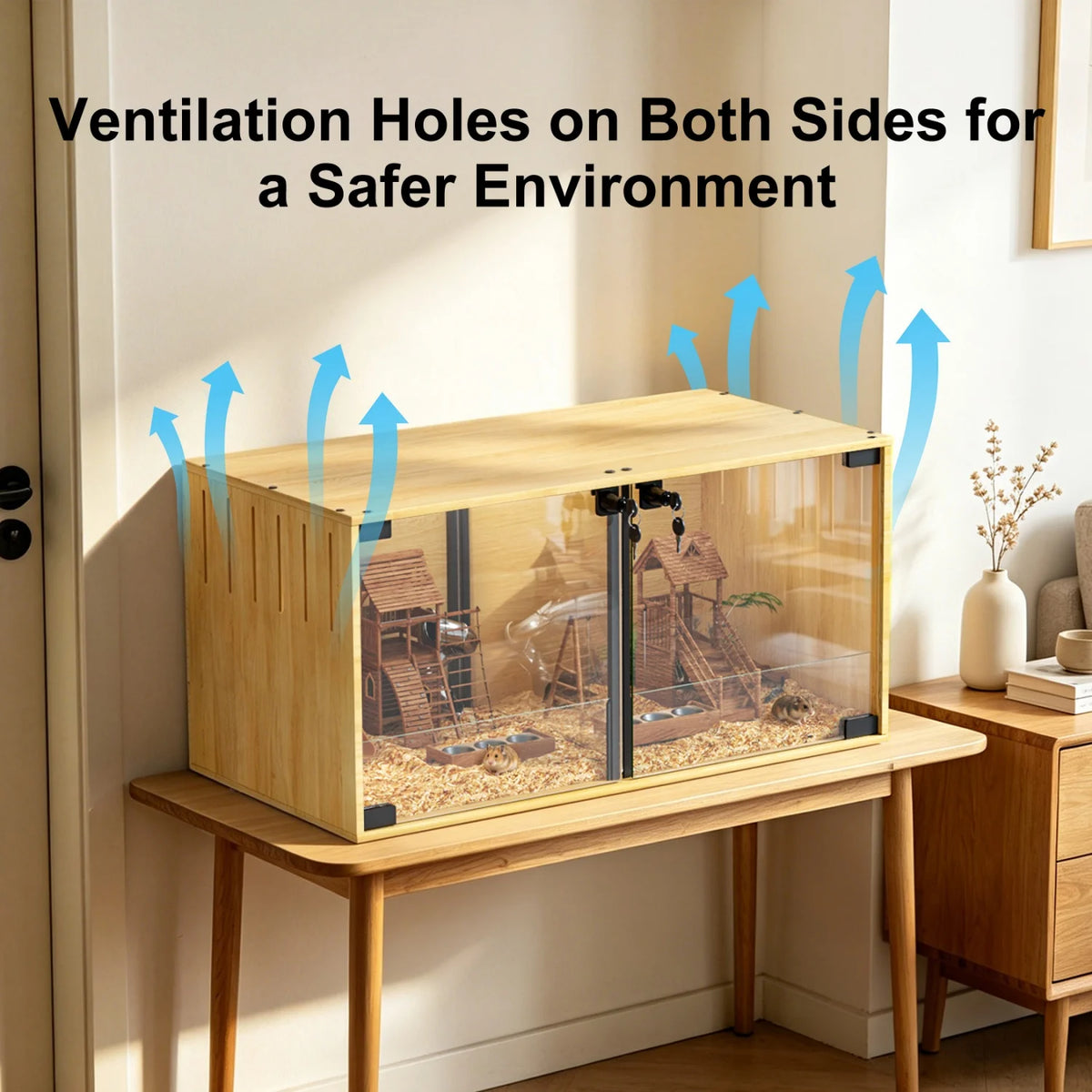 Wooden Small Animal Cage With Tempered Glass For Pets