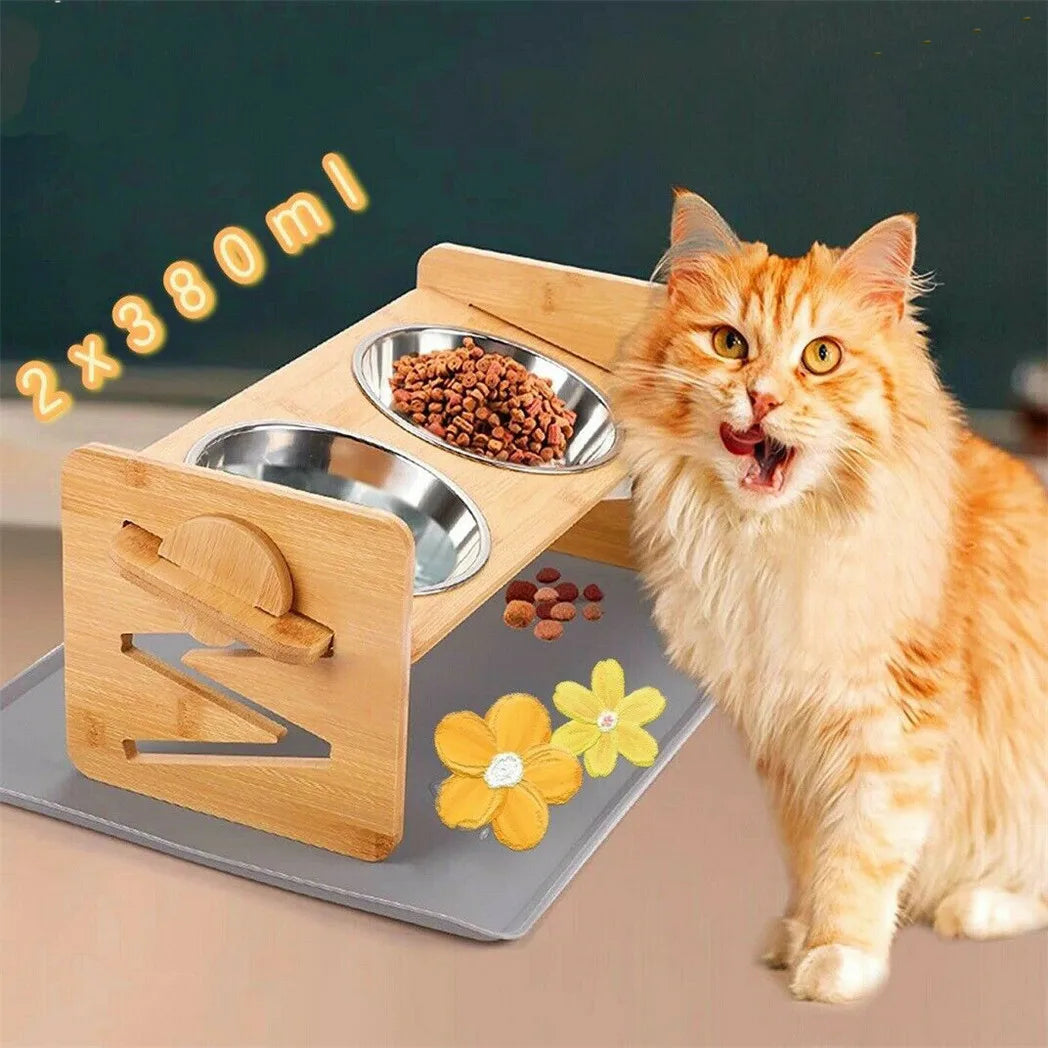 Adjustable Elevated Dog Bowls With Bamboo And Stainless Steel Stand