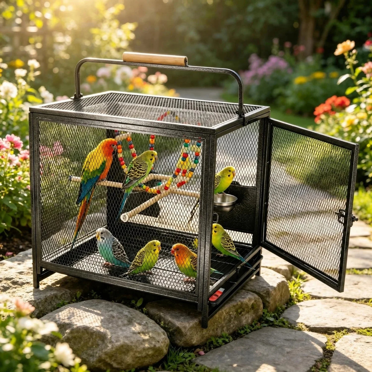 Wrought Iron Standing Bird Cage With Swing Perches And Tray