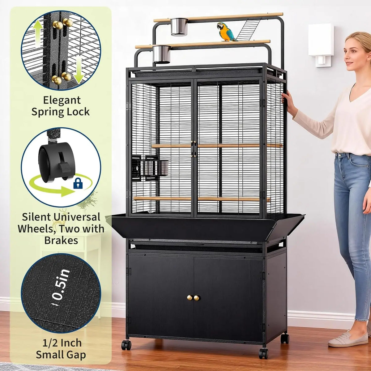 HiMISS Metal Bird Cage With Rolling Play Top Storage Cabinet