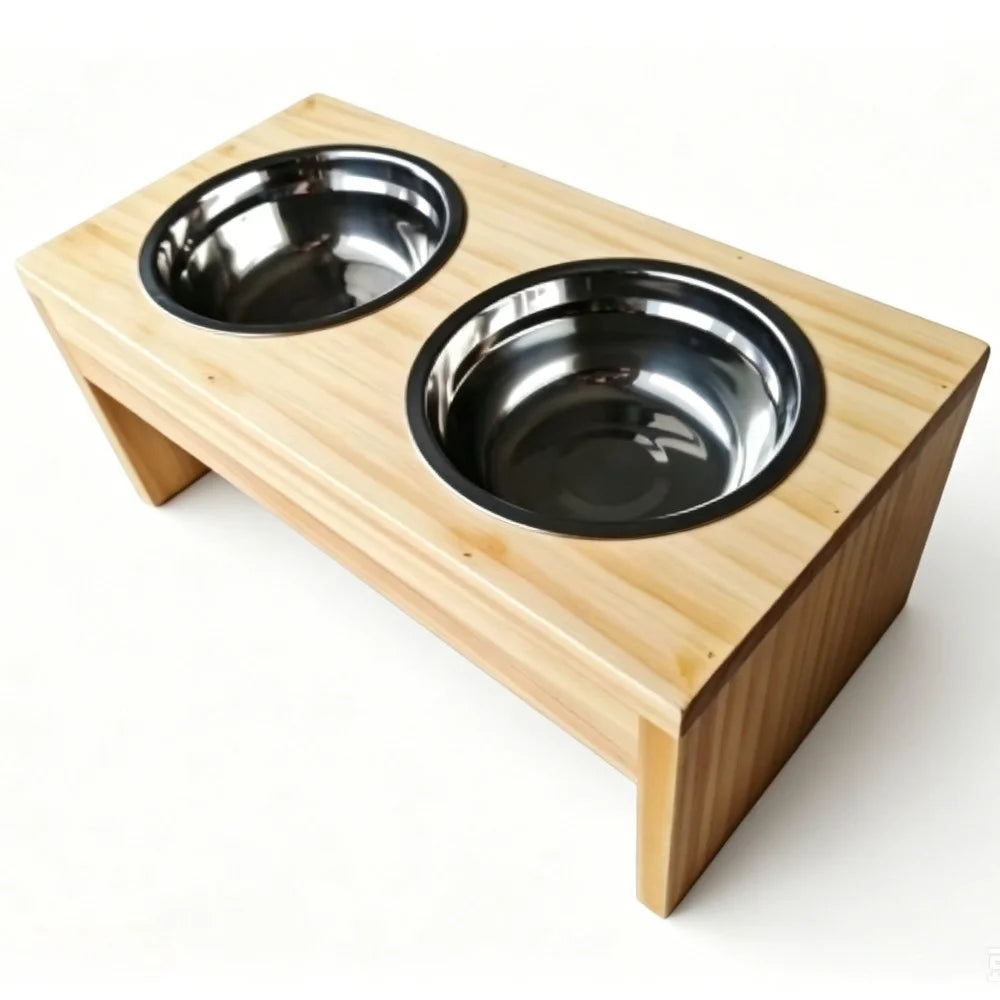 Wooden Raised Pet Feeder With Double Stainless Steel Bowls