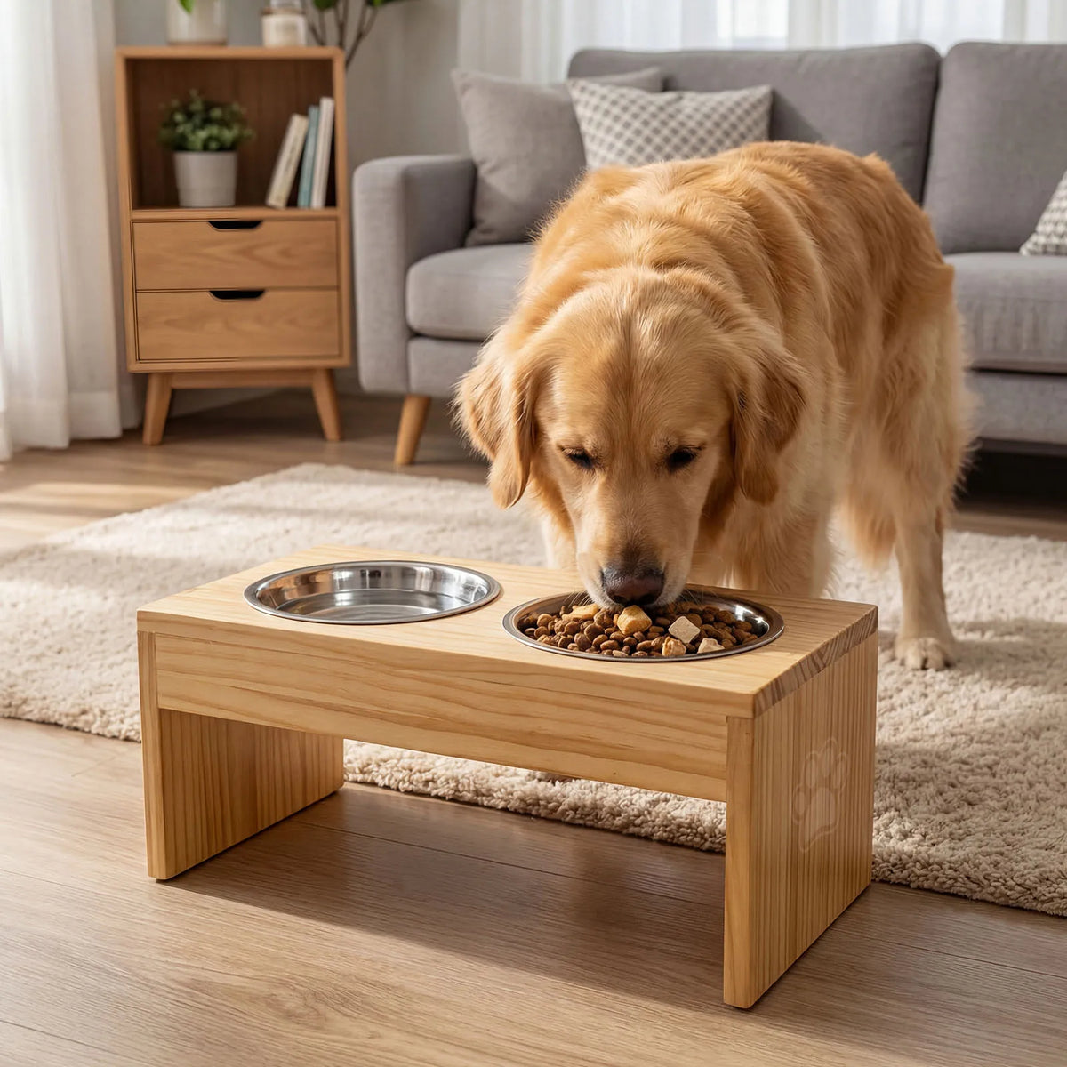 Wooden Raised Pet Feeder With Double Stainless Steel Bowls