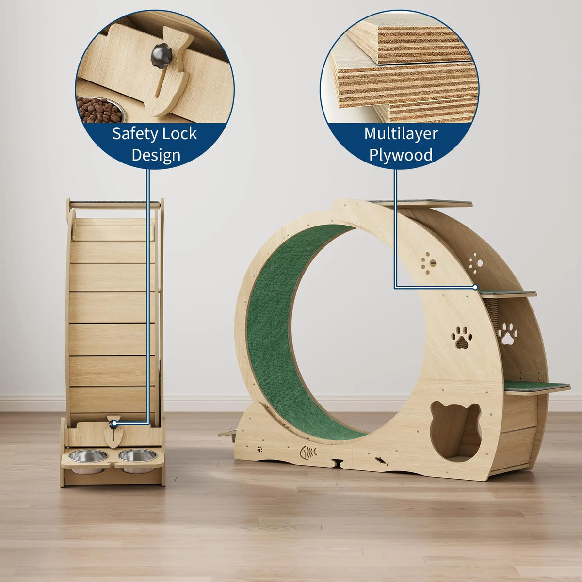 HiMISS 6in1 Cat Exercise Wheel Quiet With Bowls Scratch Post