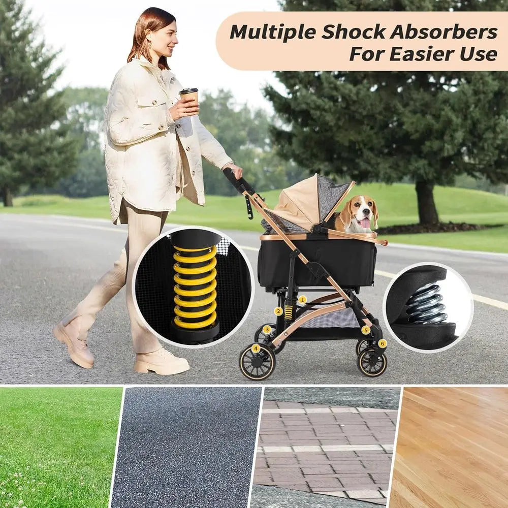 Pet Dog Stroller With Shock Absorbers, Removable Cabin And Basket