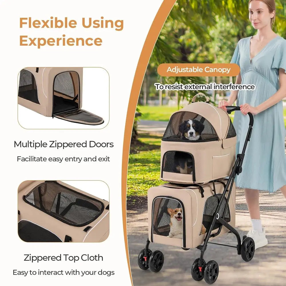Double Pet Stroller With Detachable Carriers And Lockable Wheels