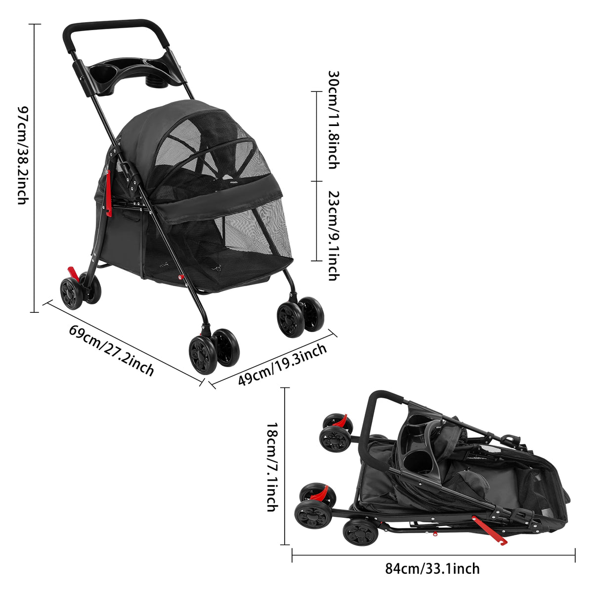Foldable Pet Travel Stroller With Water Cup Holder And Foam Handle