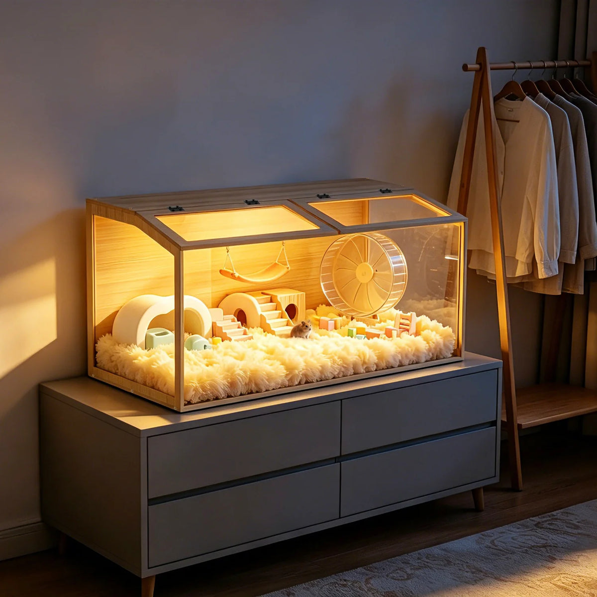 Wooden Hamster Cage With Tempered Glass Panels For Guinea Pigs