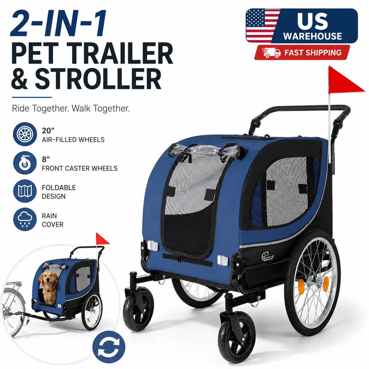 2 In 1 Pet Bike Trailer Stroller With Foldable Design