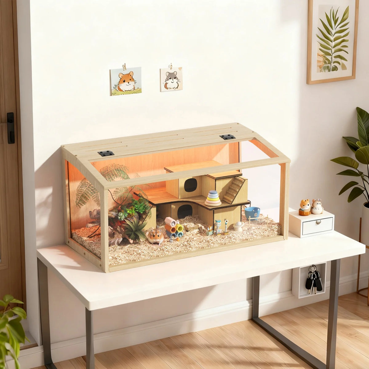 Chewproof Wooden Hamster Habitat Featuring Tempered Glass And Led Lighting