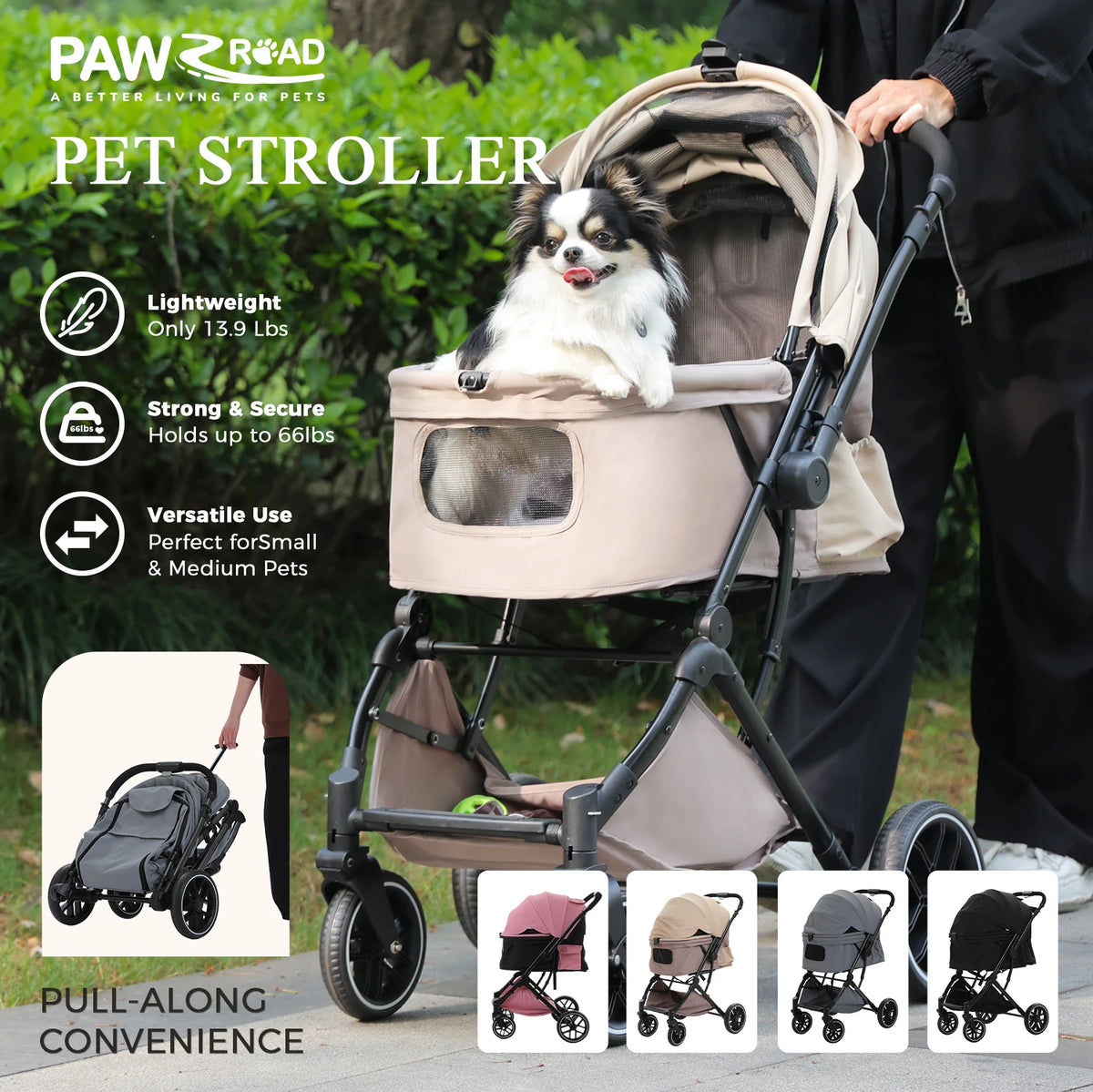 PAWZ Road Foldable Pet Stroller With Reversible Handle And Storage