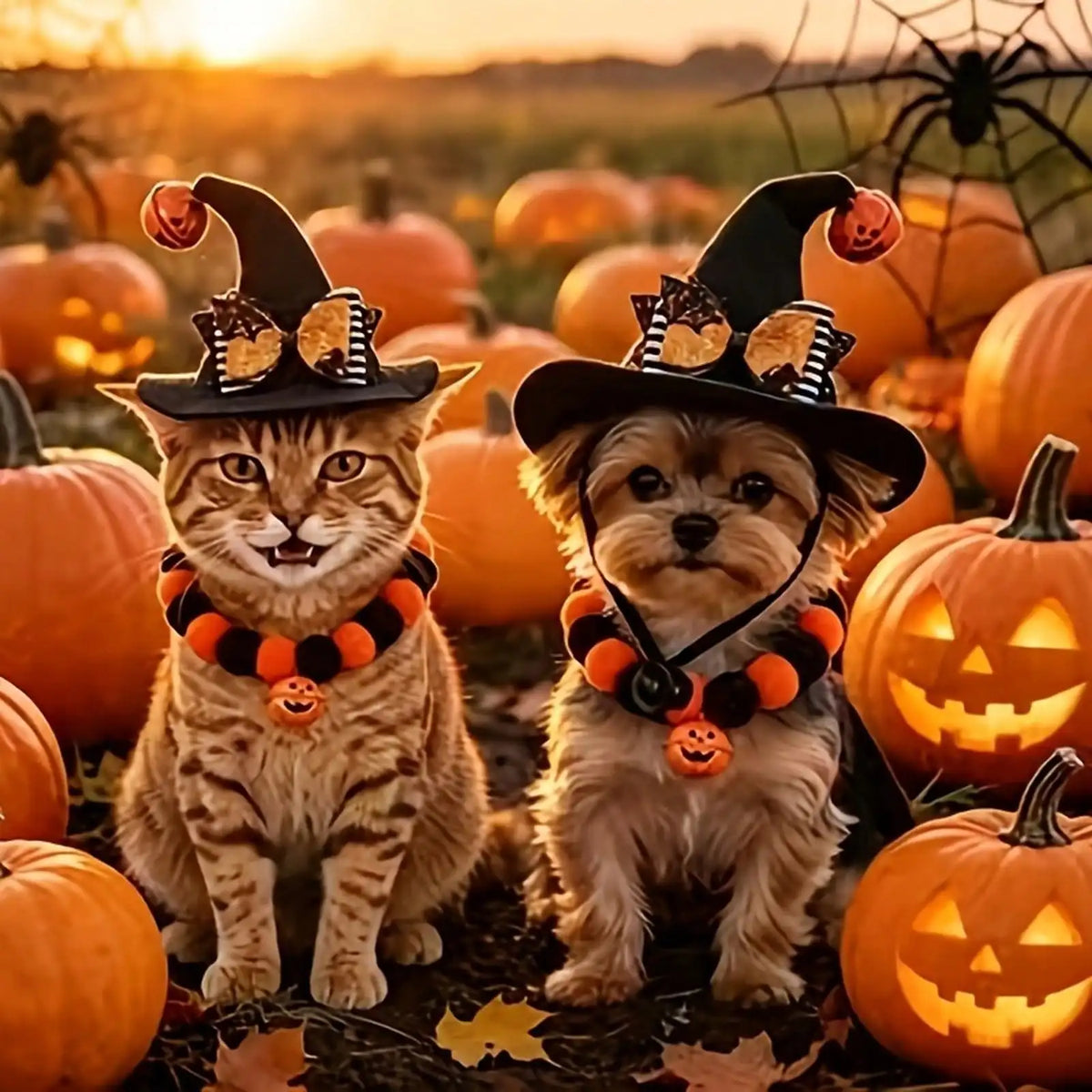 Halloween Pet Costume Set With Pumpkin Hat And Bat Collar