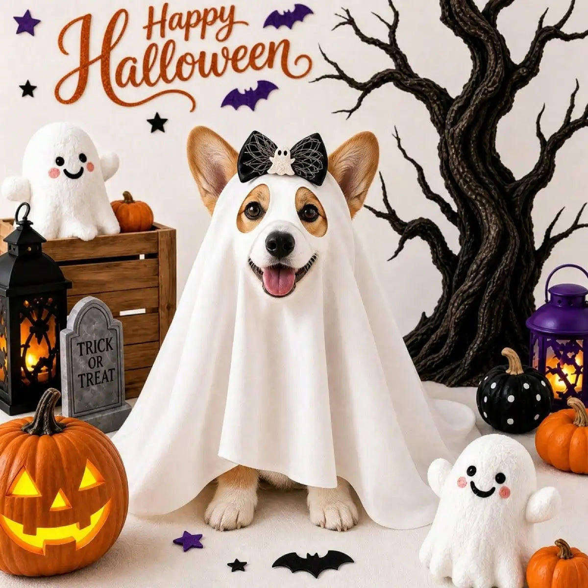 Funny Halloween Ghost Costume With Bow For Dogs And Cats