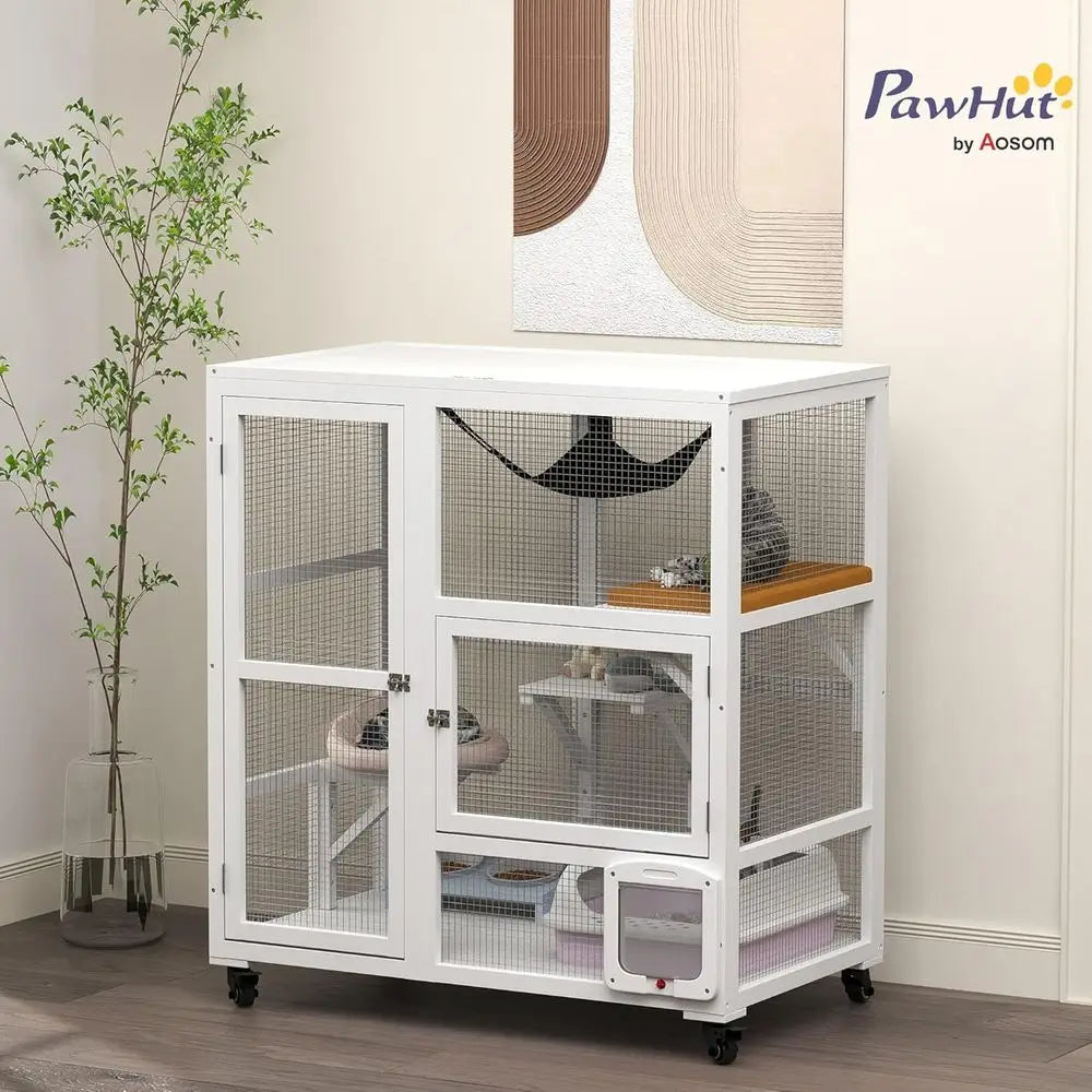 Indoor Multi Level Cat Enclosure With Wheels And Hammock Platform