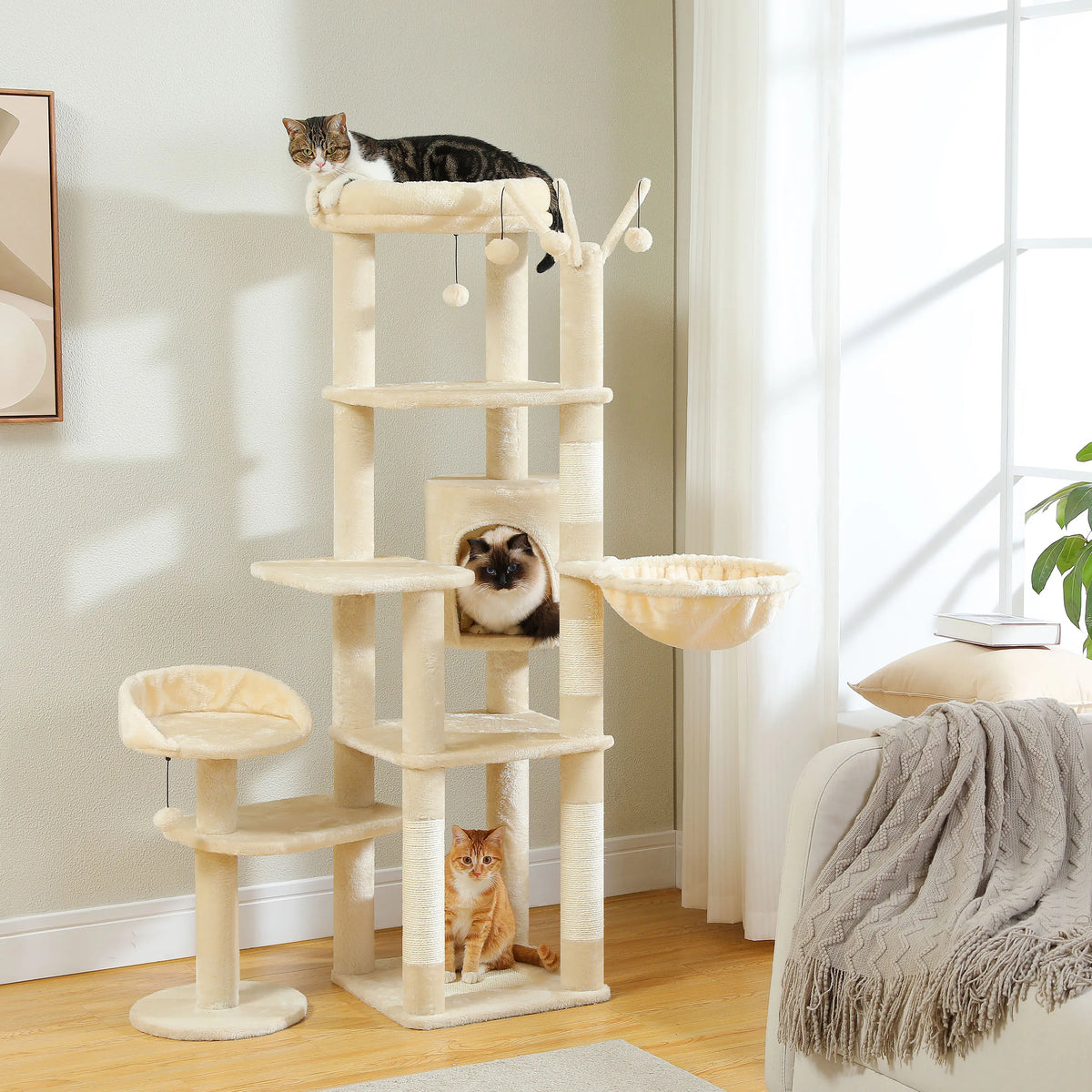 PEQULTI Large Indoor Cat Tower With Scratching Posts And Hammock