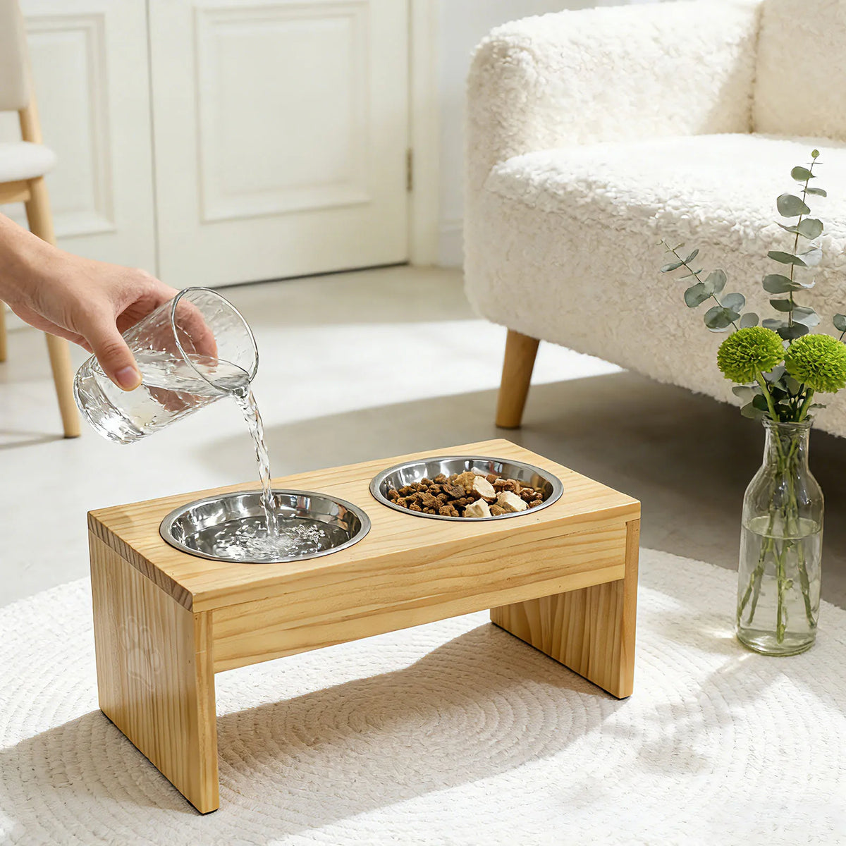 Wooden Raised Pet Feeder With Double Stainless Steel Bowls