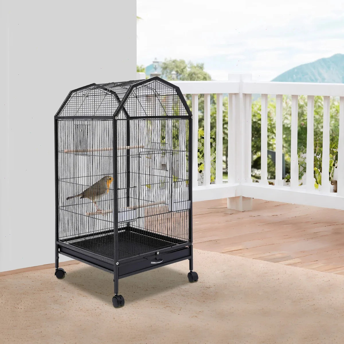 Sturdy Iron Bird Cage Featuring Spacious Open Bar Design