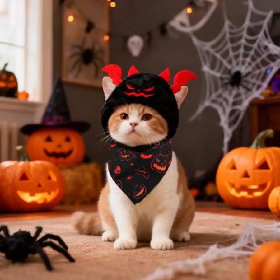 Halloween Cat Costume Set With Pumpkin, Bat And Festive Scarves