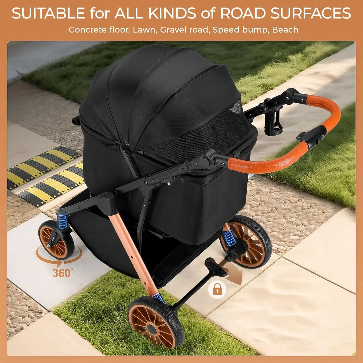 Foldable Pet Stroller For Medium Dogs Cats With Sun Shade