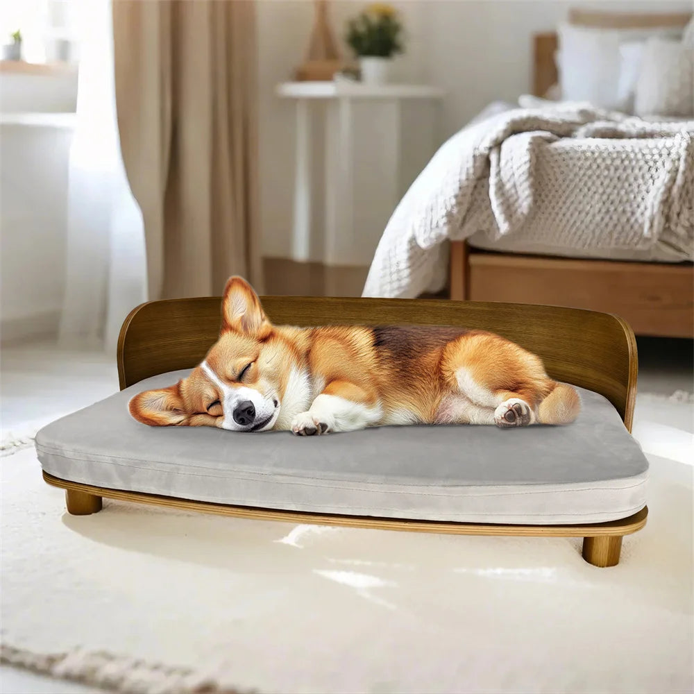 Borwart Elevated Eucalyptus Wood Pet Sofa Dog Bed With Cushion
