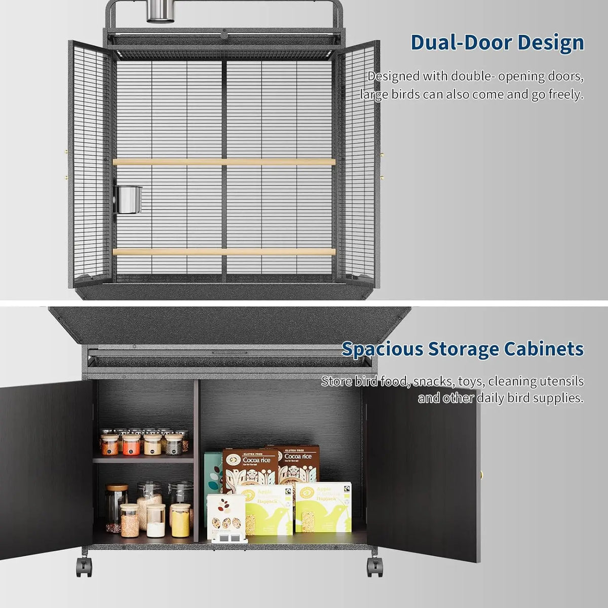 HiMISS Metal Bird Cage With Rolling Play Top Storage Cabinet