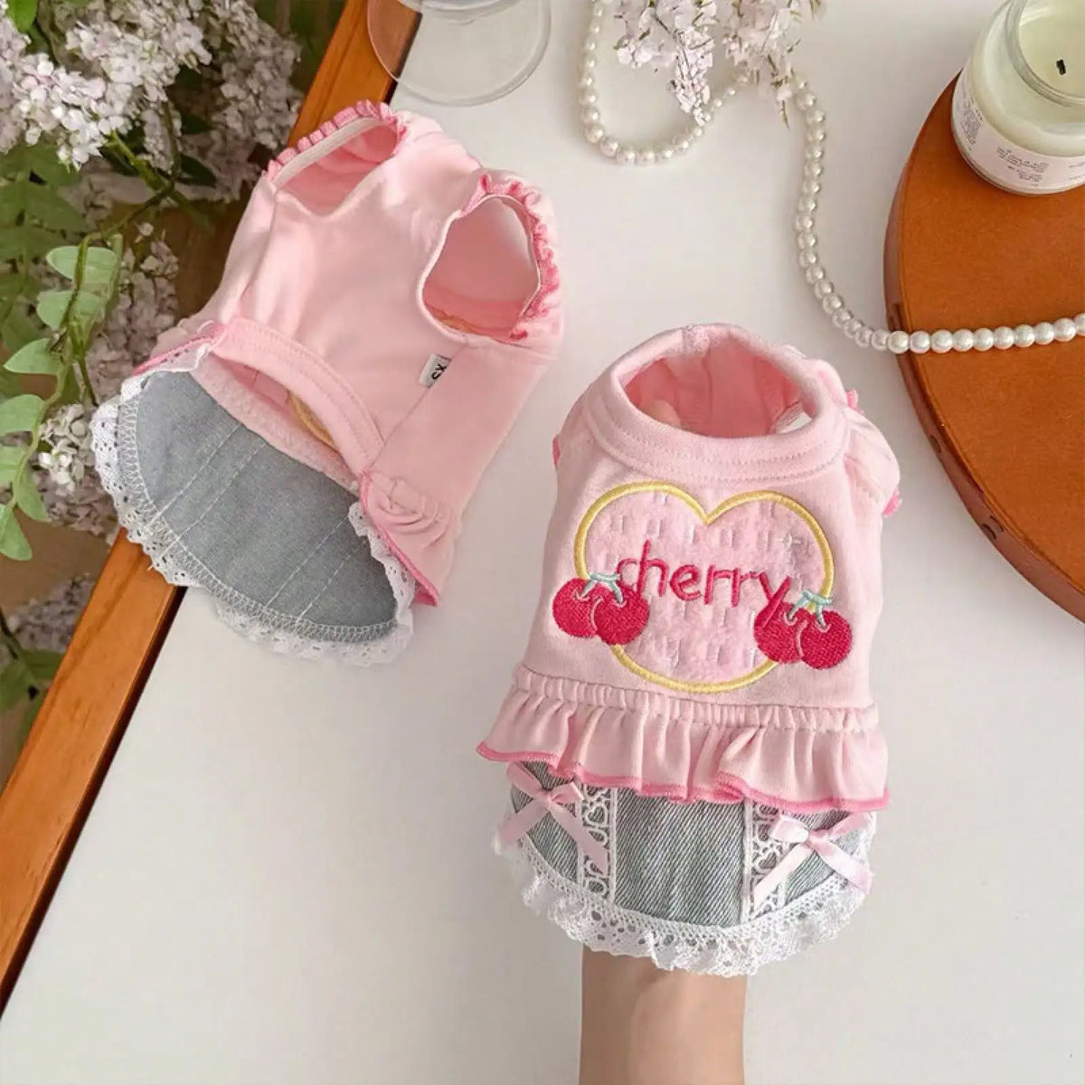 Small Dog Denim Skirt Vest Outfit for Outdoor Walks and Travel