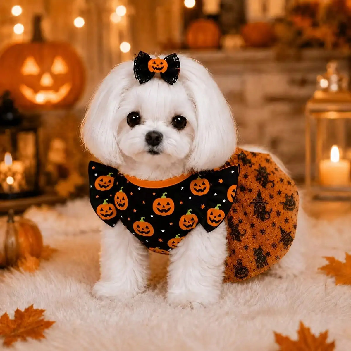 Halloween Pumpkin Print Dog Dress With Bow For Everyday Wear