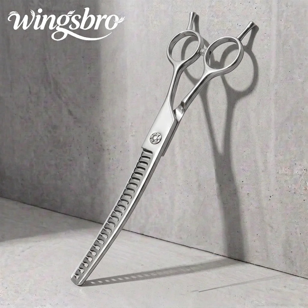 Silver Down Curved Pet Grooming Scissors, Wingsbro 7 Inches Professional Thinning Shears for Groomer and Home Use