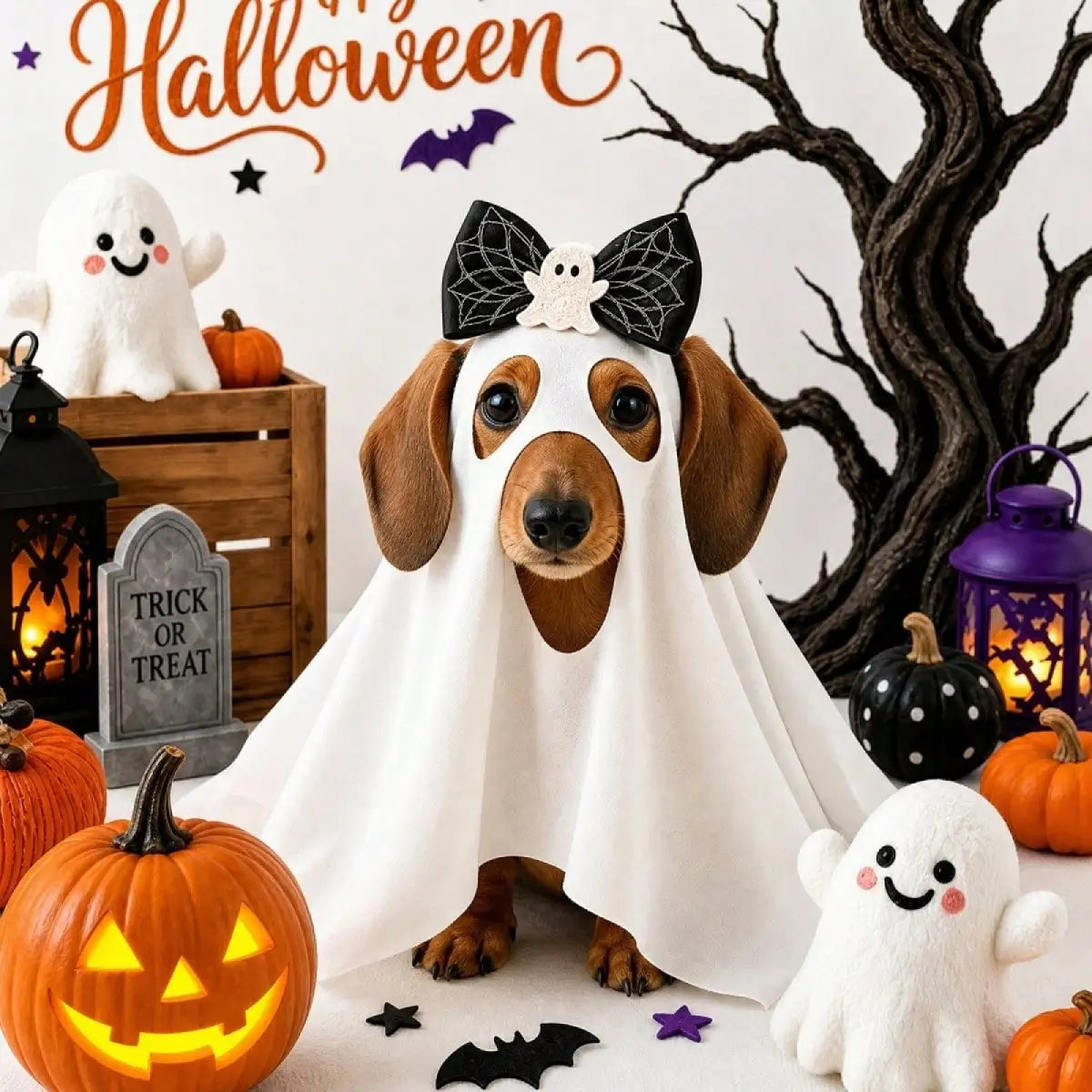 Funny Halloween Ghost Costume With Bow For Dogs And Cats