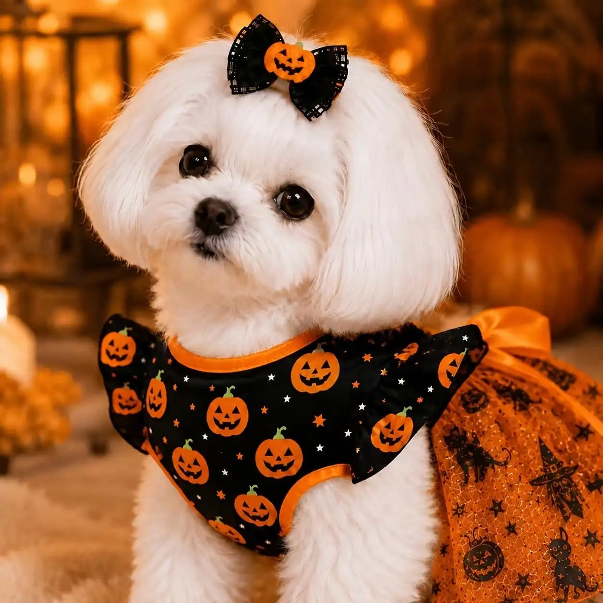 Halloween Pumpkin Print Dog Dress With Bow For Everyday Wear