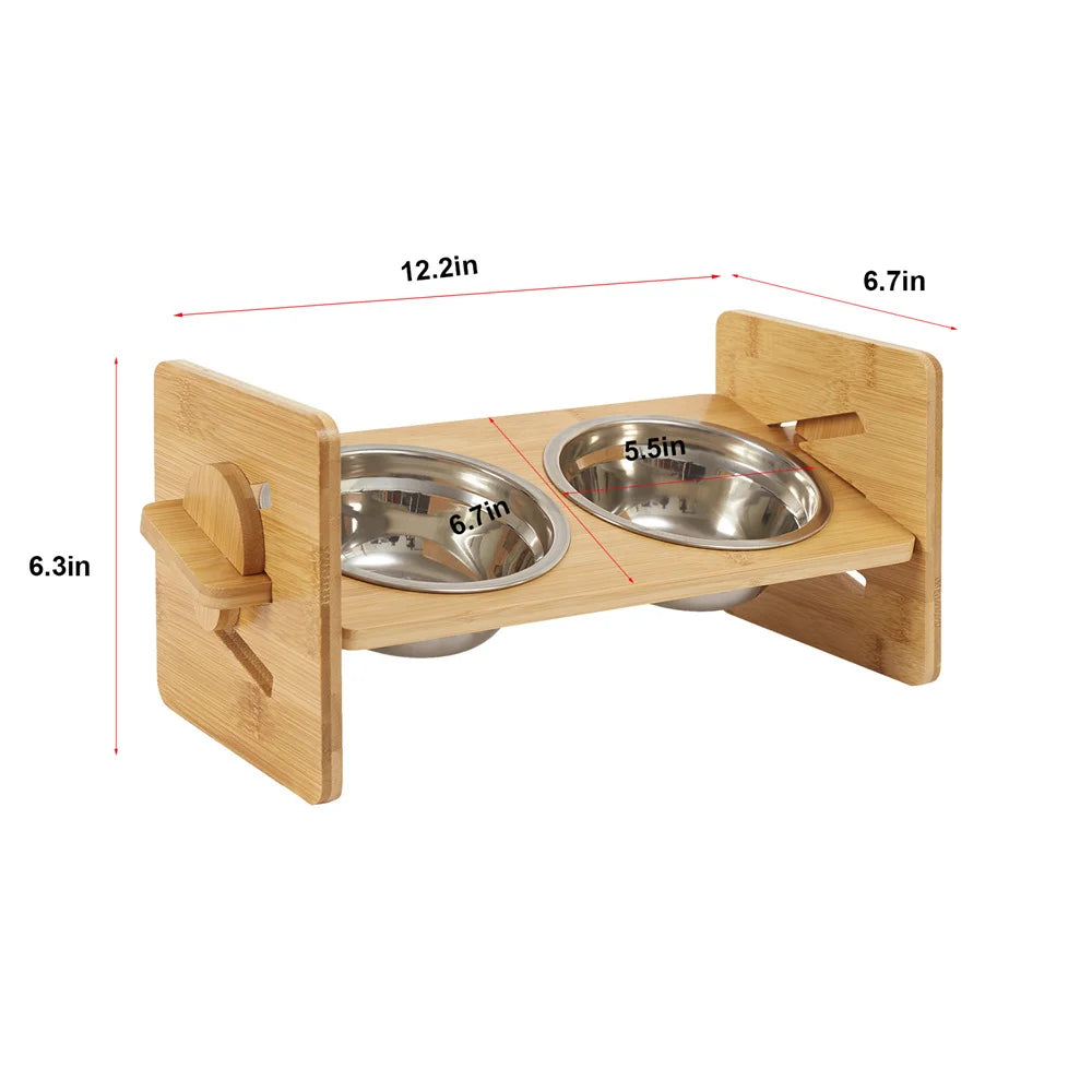 Adjustable Elevated Dog Bowls With Bamboo And Stainless Steel Stand