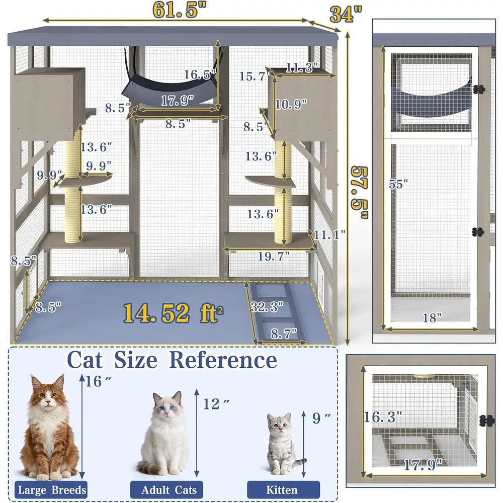 Outdoor Catio Enclosure For Multiple Cats With Hammock Platform