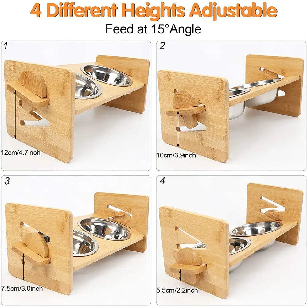 Adjustable Elevated Dog Bowls With Bamboo And Stainless Steel Stand