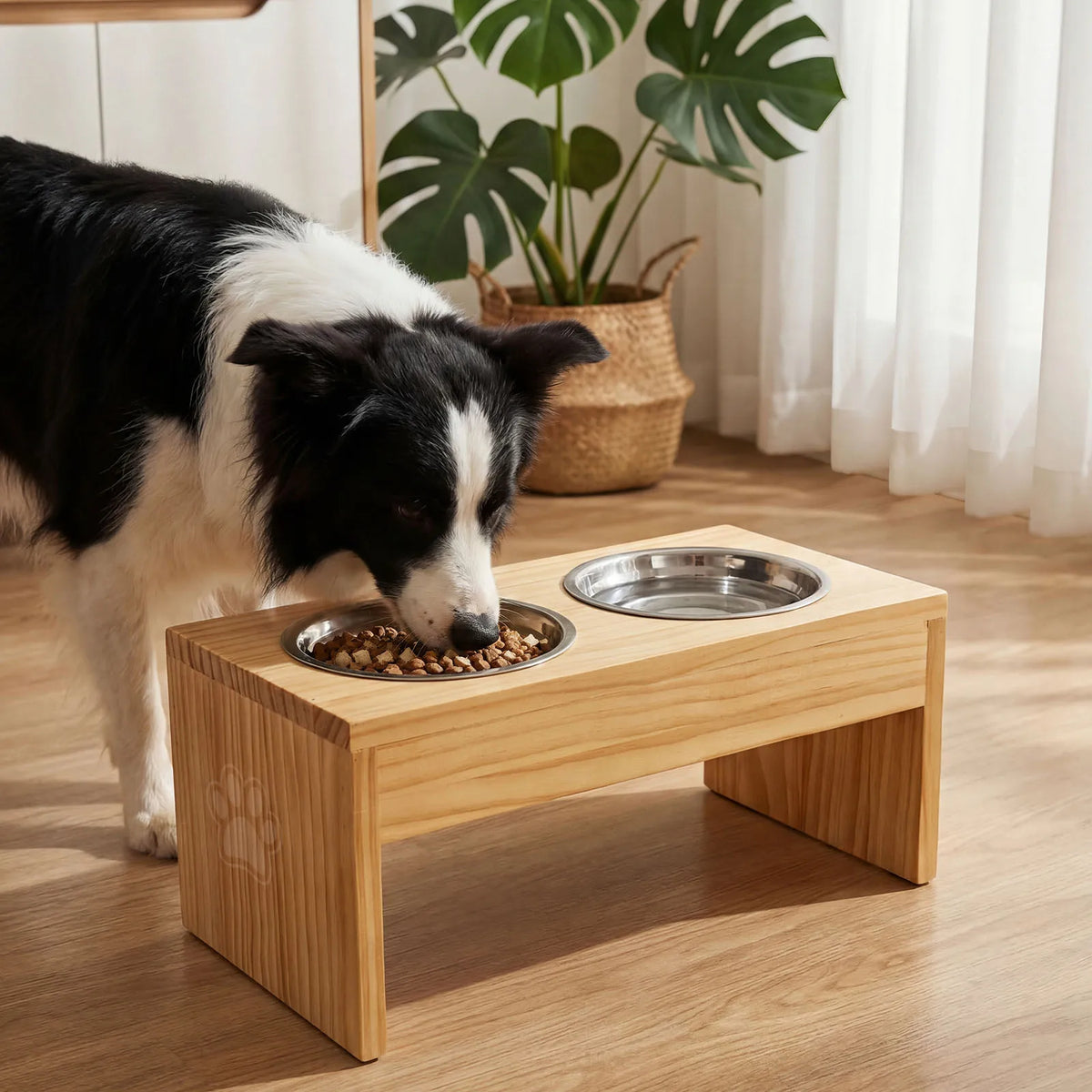Wooden Raised Pet Feeder With Double Stainless Steel Bowls