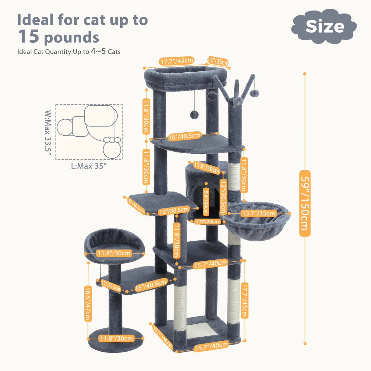PEQULTI Large Indoor Cat Tower With Scratching Posts And Hammock