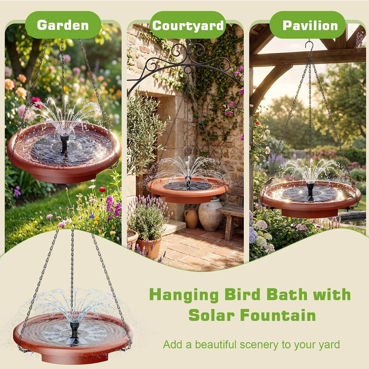 Hanging Solar Bird Bath With Fountain For Garden Decor