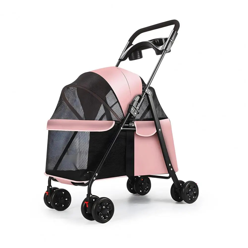 Folding Pet Stroller With Zipper Cage And Cup Holder