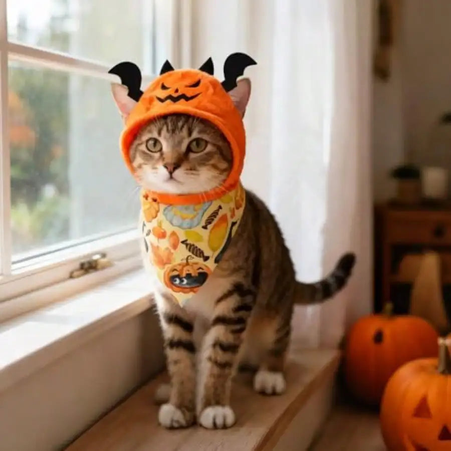 Halloween Cat Costume Set With Pumpkin, Bat And Festive Scarves