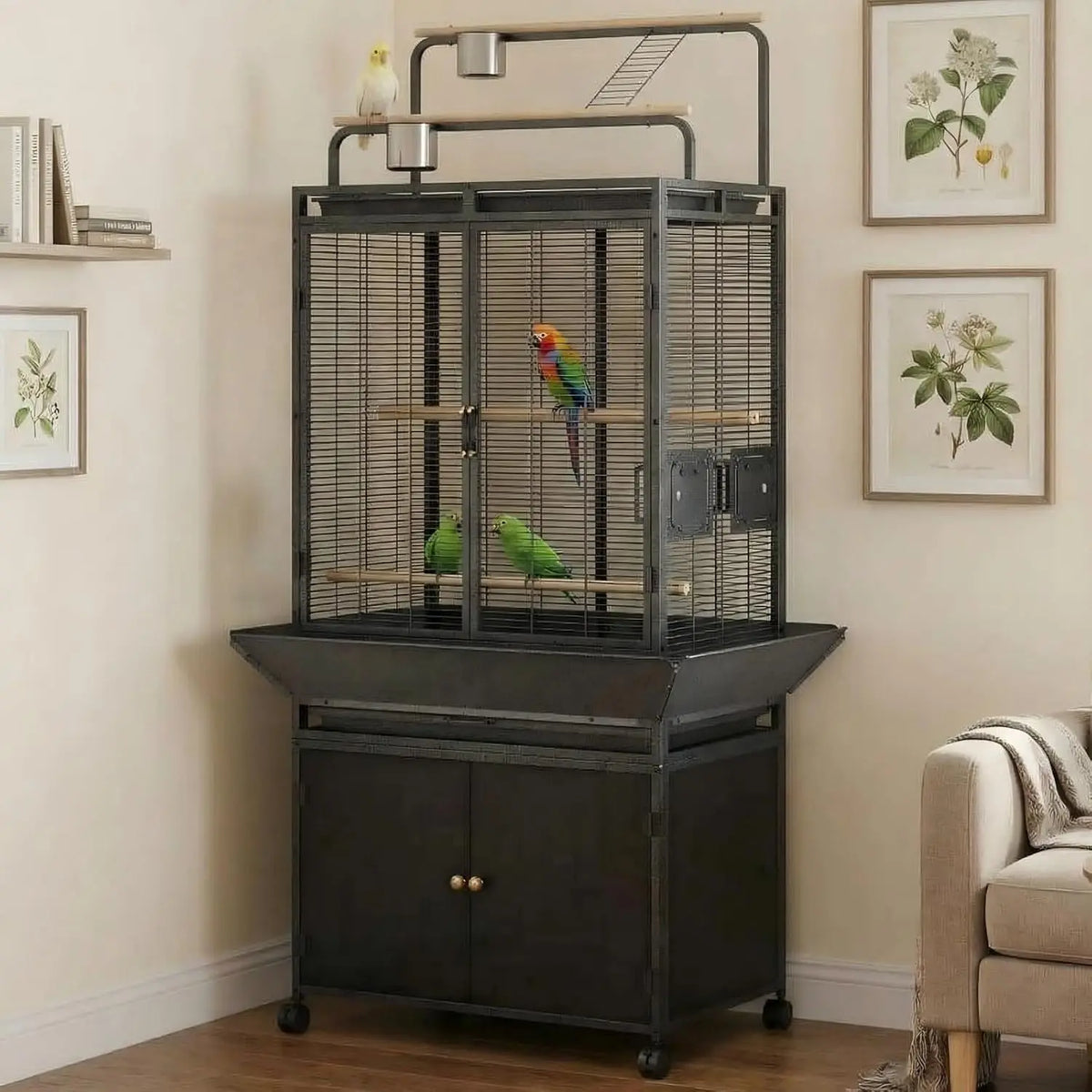 HiMISS Metal Bird Cage With Rolling Play Top Storage Cabinet