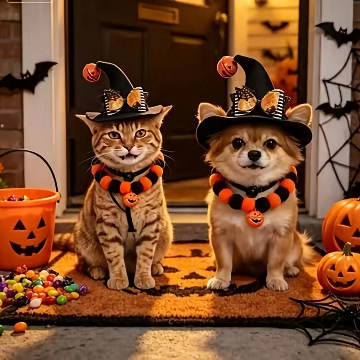 Halloween Pet Costume Set With Pumpkin Hat And Bat Collar