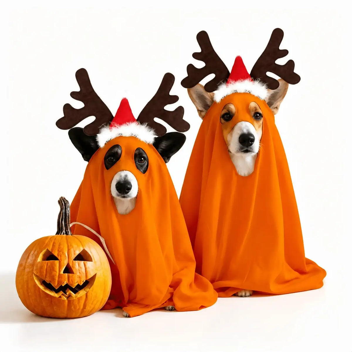 Halloween Ghost Pet Cape And Reindeer Antlers Headband Costume Set