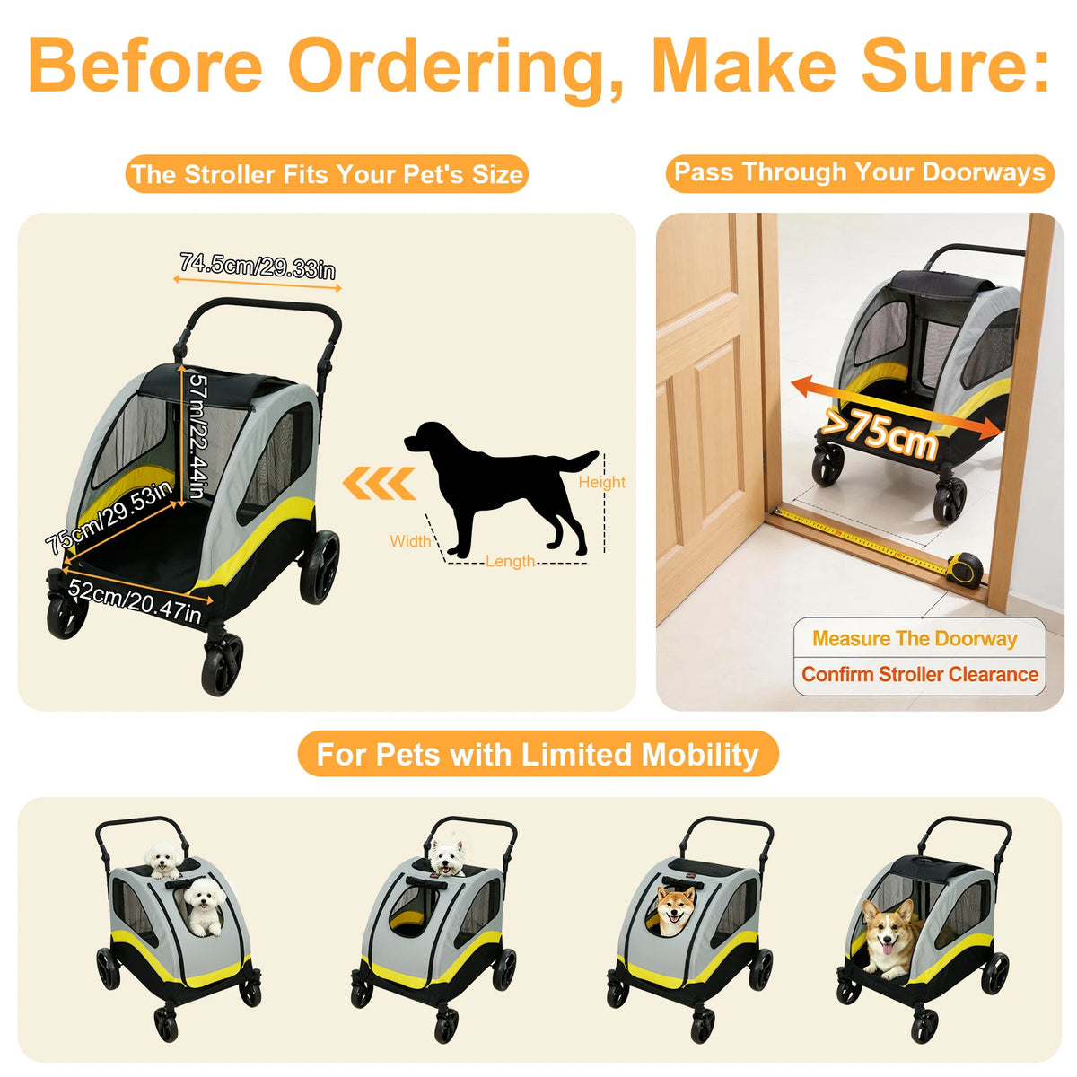 Foldable Dog Stroller Cart With 4 Wheel Swivel Travel Wagon