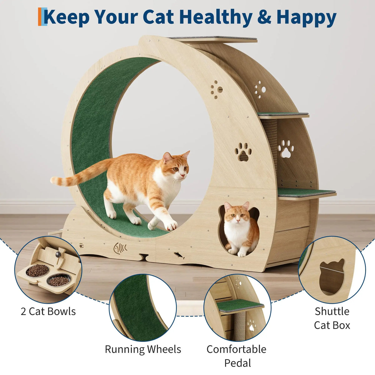 HiMISS 6in1 Cat Exercise Wheel Quiet With Bowls Scratch Post