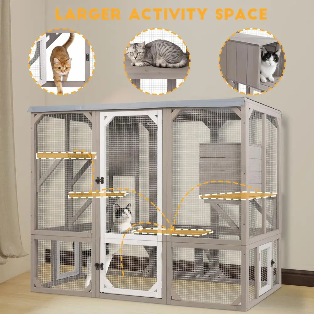 Wooden Outdoor Cat Enclosure With Multiple Platforms And Resting Boxes