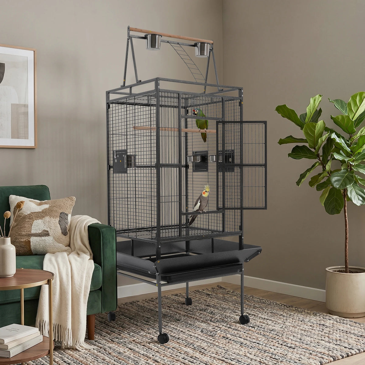 Spacious Rolling Parrot Bird Cage With Sturdy Iron Playtop